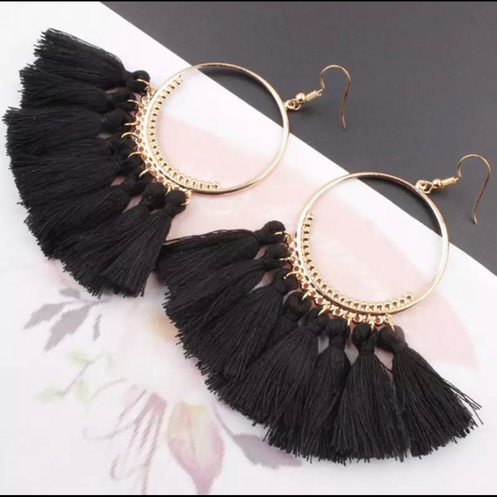 New Boho Tassel Hoop Earrings Black